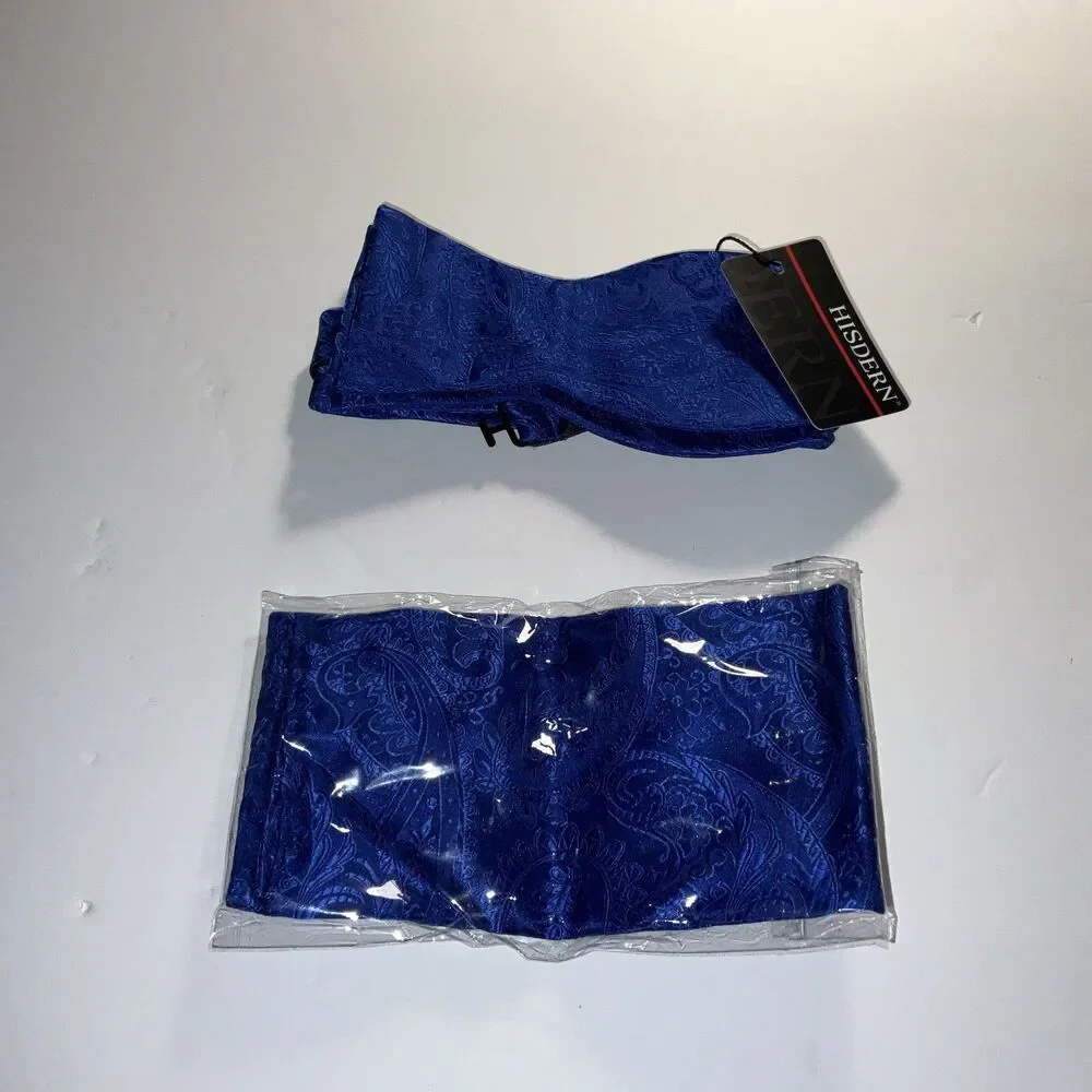 Hisdern Men Royal Blue BUTTERFLY Bow tie &Pocket Square Handkerchief Set New